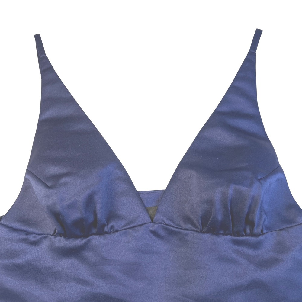 Cynthia Rowley Navy Blue Satin V-Neck Ruched Crop Top Size 8 Side Zip Sleeveless